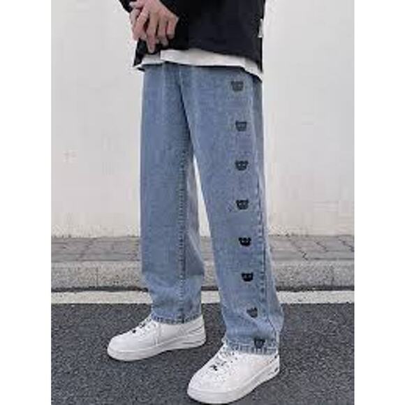 Emmiol Bear X Eyes Jeans Mens Size Medium Barrel Graphic Print Denim Pants - Picture 1 of 16